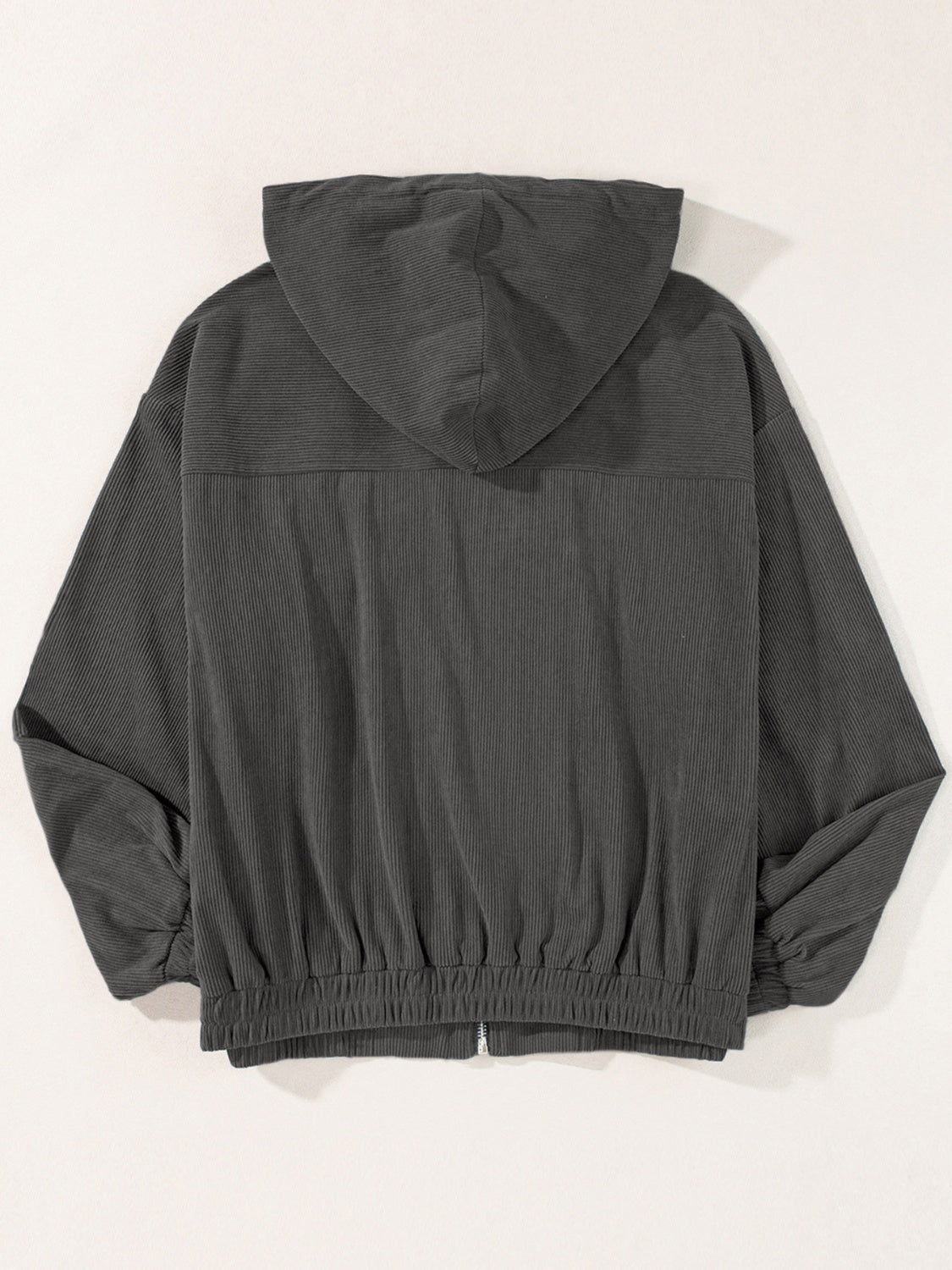 Dark Gray corduroy relaxed fit zip-up hoodie with elastic cuffs and hem.