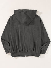 Dark Gray corduroy relaxed fit zip-up hoodie with elastic cuffs and hem.