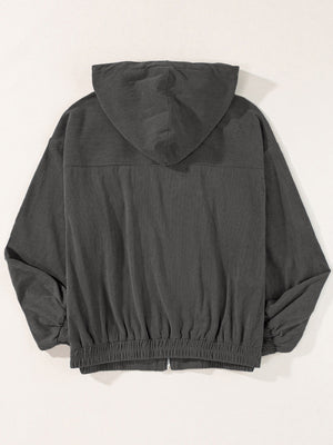 Dark Gray corduroy relaxed fit zip-up hoodie with elastic cuffs and hem.