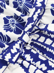 Blue floral tie-waist strapless romper cover-up with knot detail