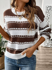Textured stripe crewneck sweater in chocolate and white knit with a relaxed fit.