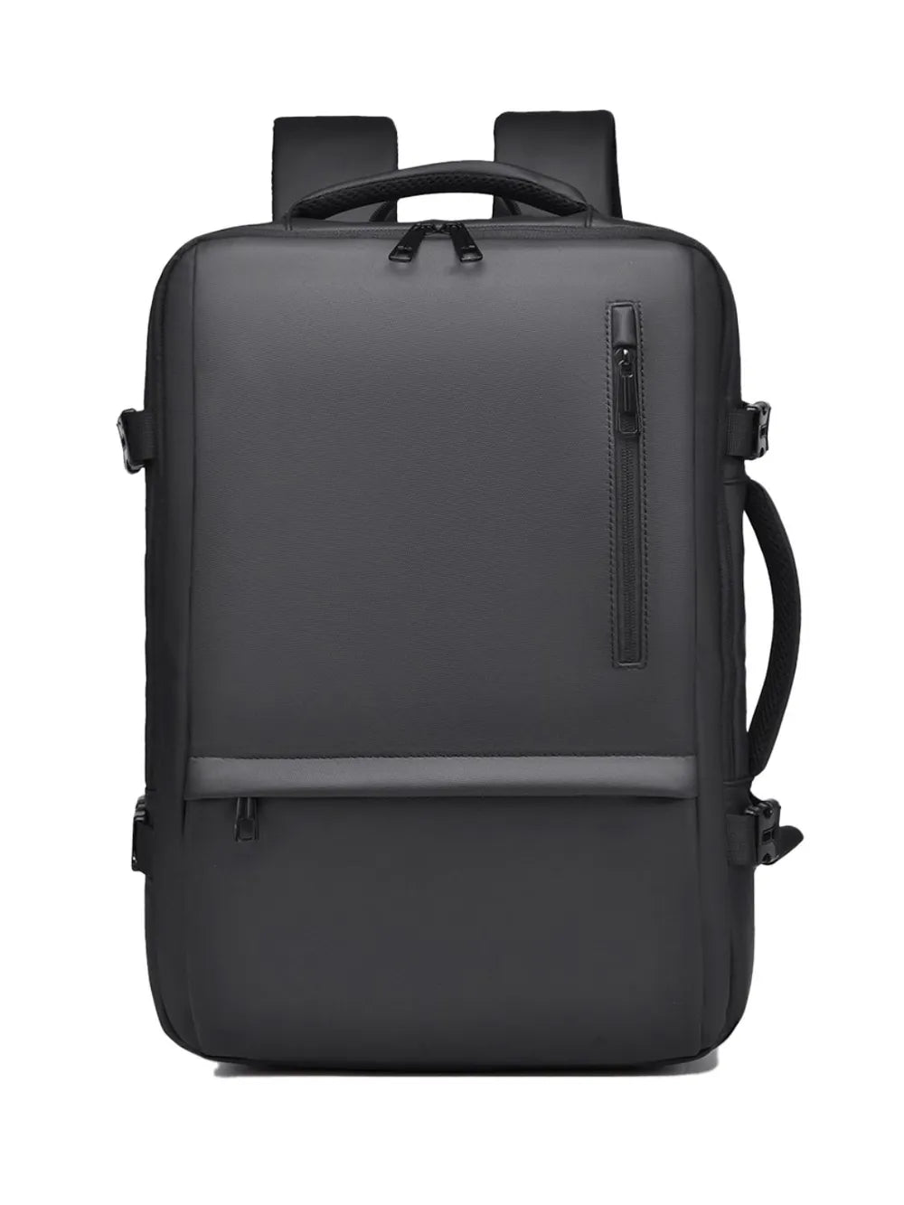Black convertible commuter backpack with multiple zippered pockets and padded straps.