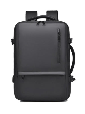Black convertible commuter backpack with multiple zippered pockets and padded straps.