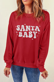 Deep Red crewneck sweatshirt with white Santa Baby graphic and stars.