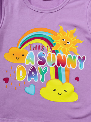 Girls' graphic tee in lavender with a rainbow, sun, and "This is a Sunny Day" text.