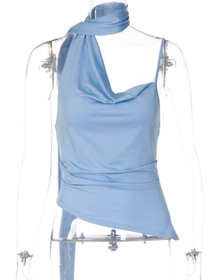 Light blue ruched asymmetrical neckline cami top with a cowl neck and tie detail.