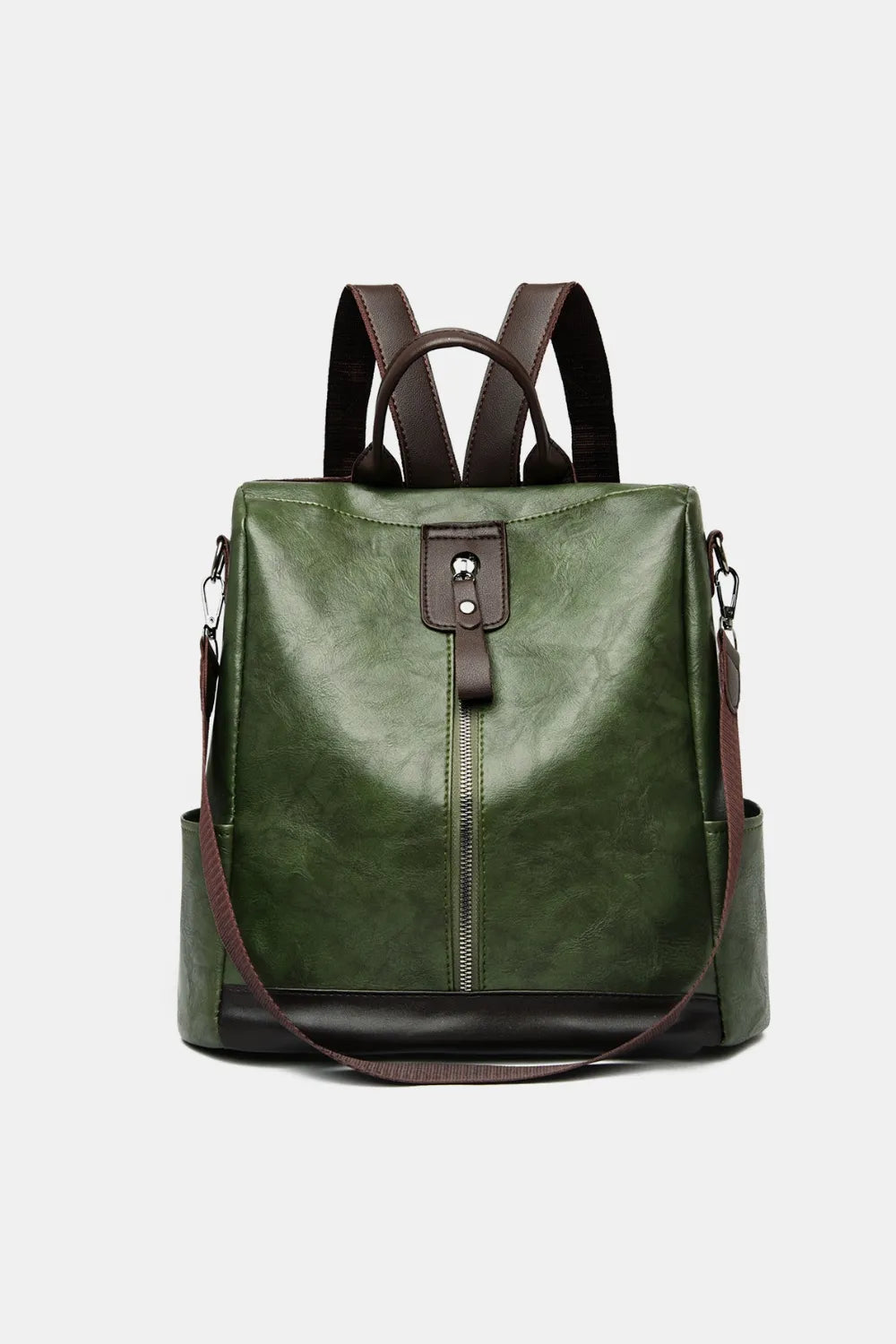 Dark green structured leather convertible backpack with silver zipper detail.