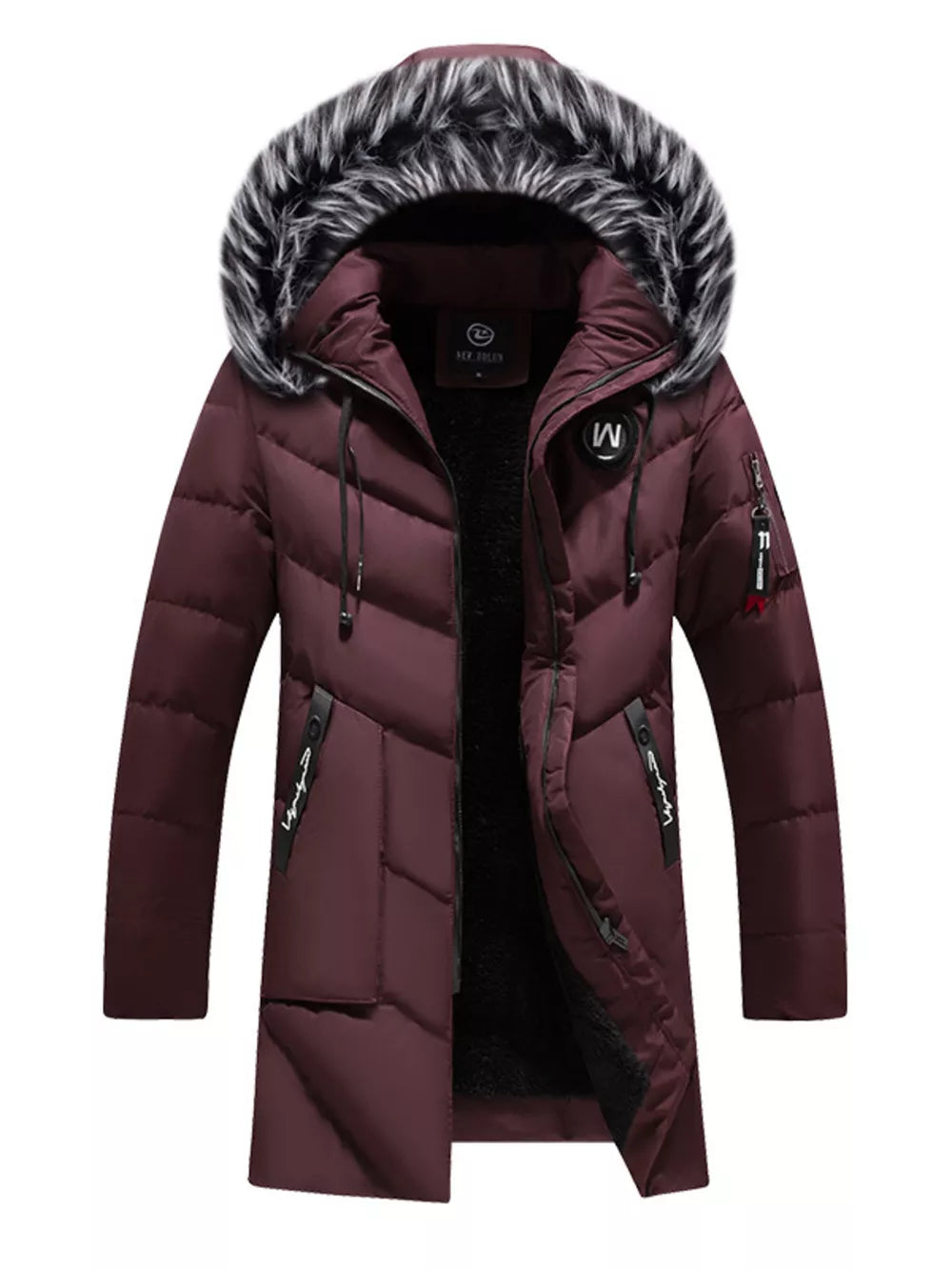Men's longline padded coat in red with faux fur hood trim and zip details.