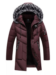 Men's longline padded coat in red with faux fur hood trim and zip details.