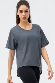 Dark gray honeycomb mesh performance tee with scoop neck and short sleeves.