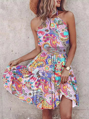 Bohemian Printed Halter Mini Dress in Sherbet, front view