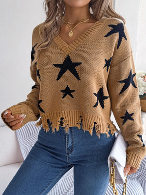 Camel star print distressed v-neck knit sweater with frayed hem