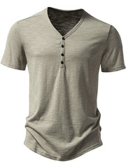 Men's casual sage cotton blend t-shirt with button placket and curved hem
