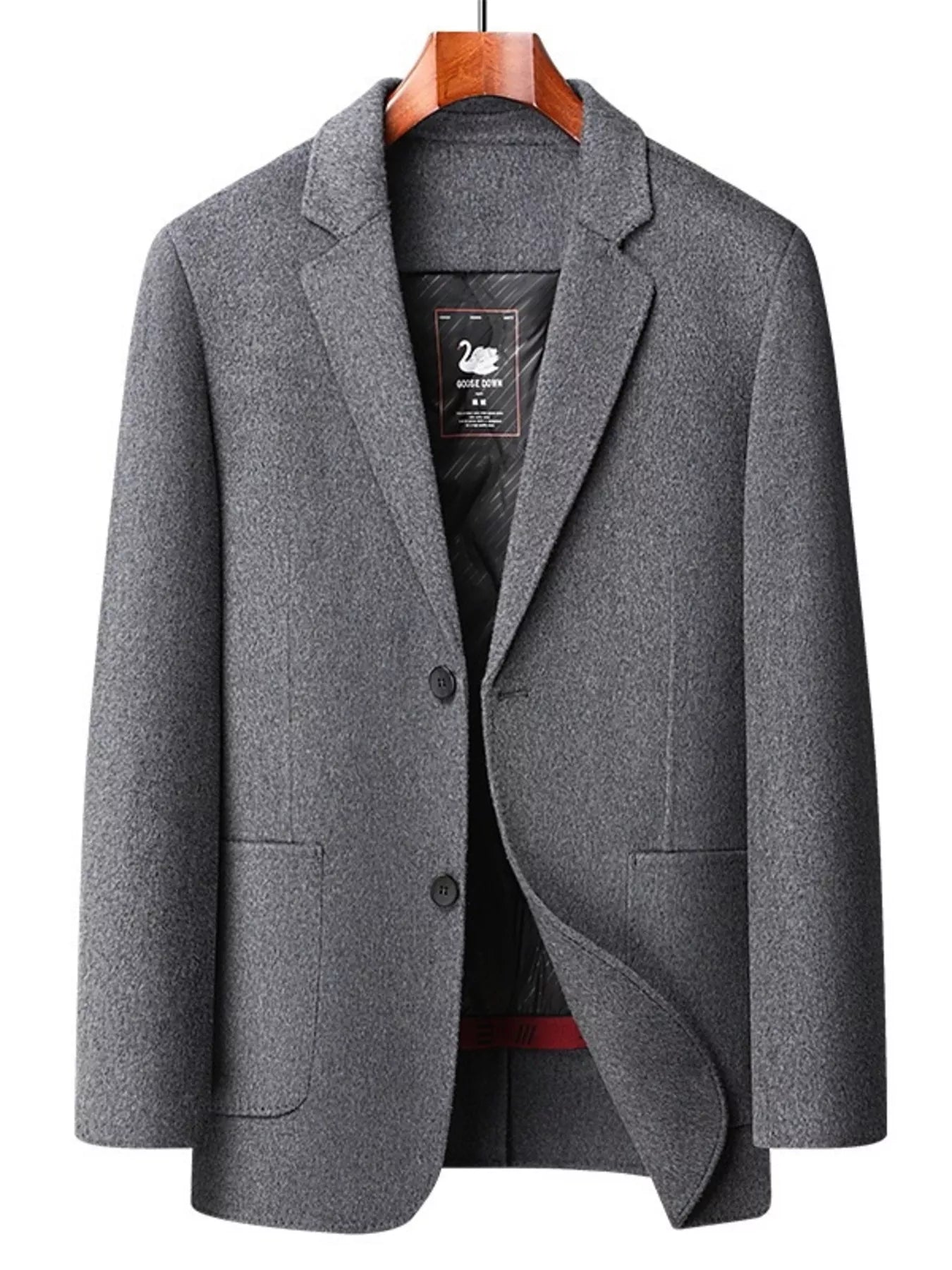 Men's gray wool button-up long-sleeve overcoat with notched lapels and two front pockets.