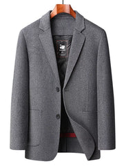 Men's gray wool button-up long-sleeve overcoat with notched lapels and two front pockets.