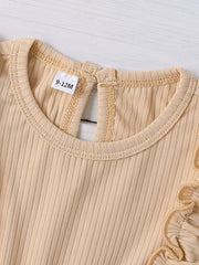 Baby girls' ribbed bodysuit in beige with ruffle detail and keyhole back.