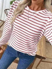Textured knit long-sleeve t-shirt in white with scarlet stripes and a crew neck.