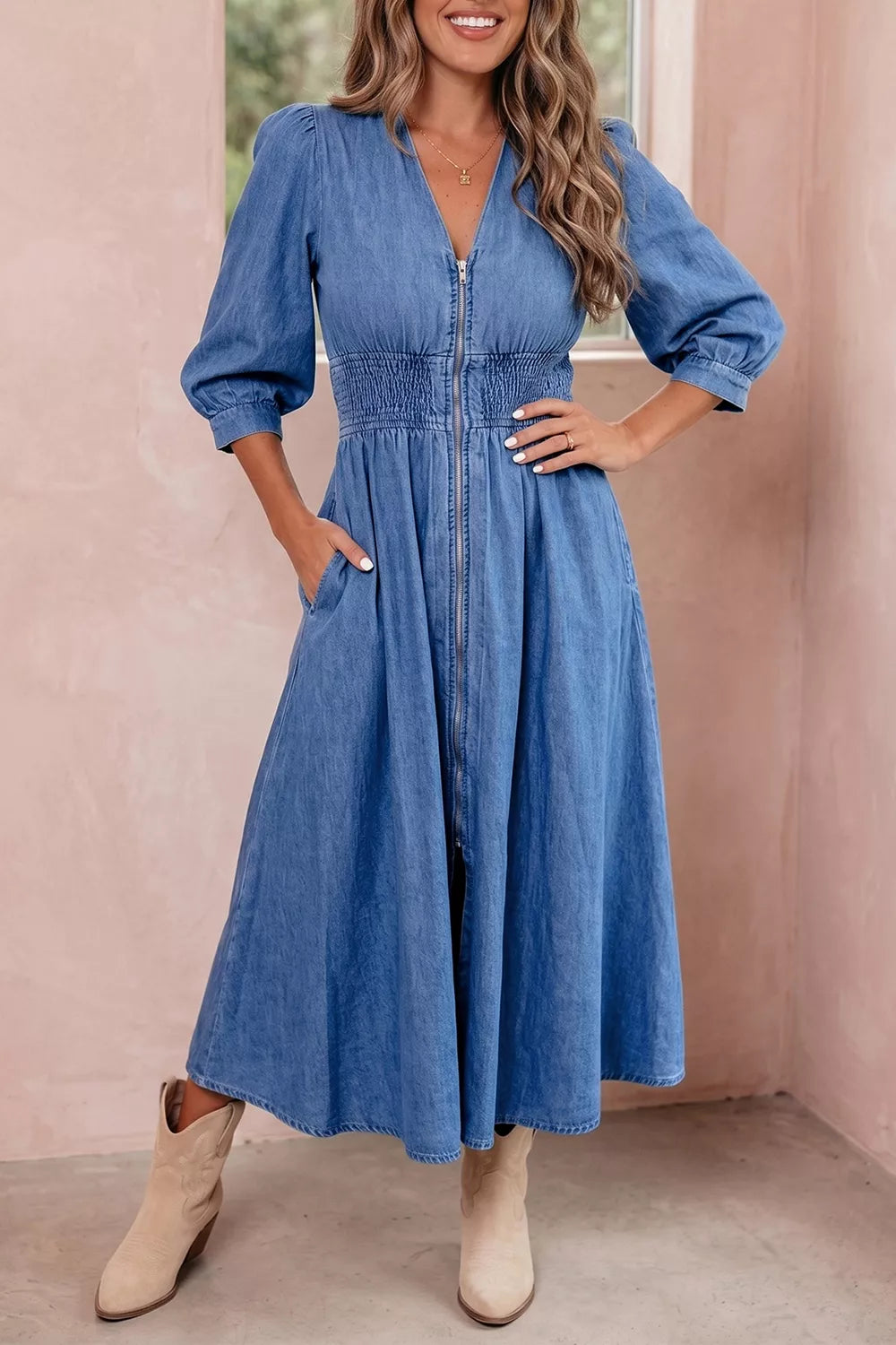V Neck Shirred Waist Denim Midi Dress, close-up detail