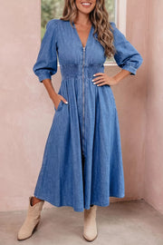 V Neck Shirred Waist Denim Midi Dress, close-up detail