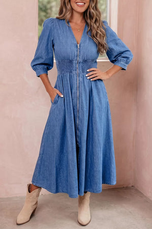 V Neck Shirred Waist Denim Midi Dress, close-up detail