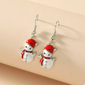 Festive snowman charm drop earrings with red hats and scarves, featuring crystal accents.