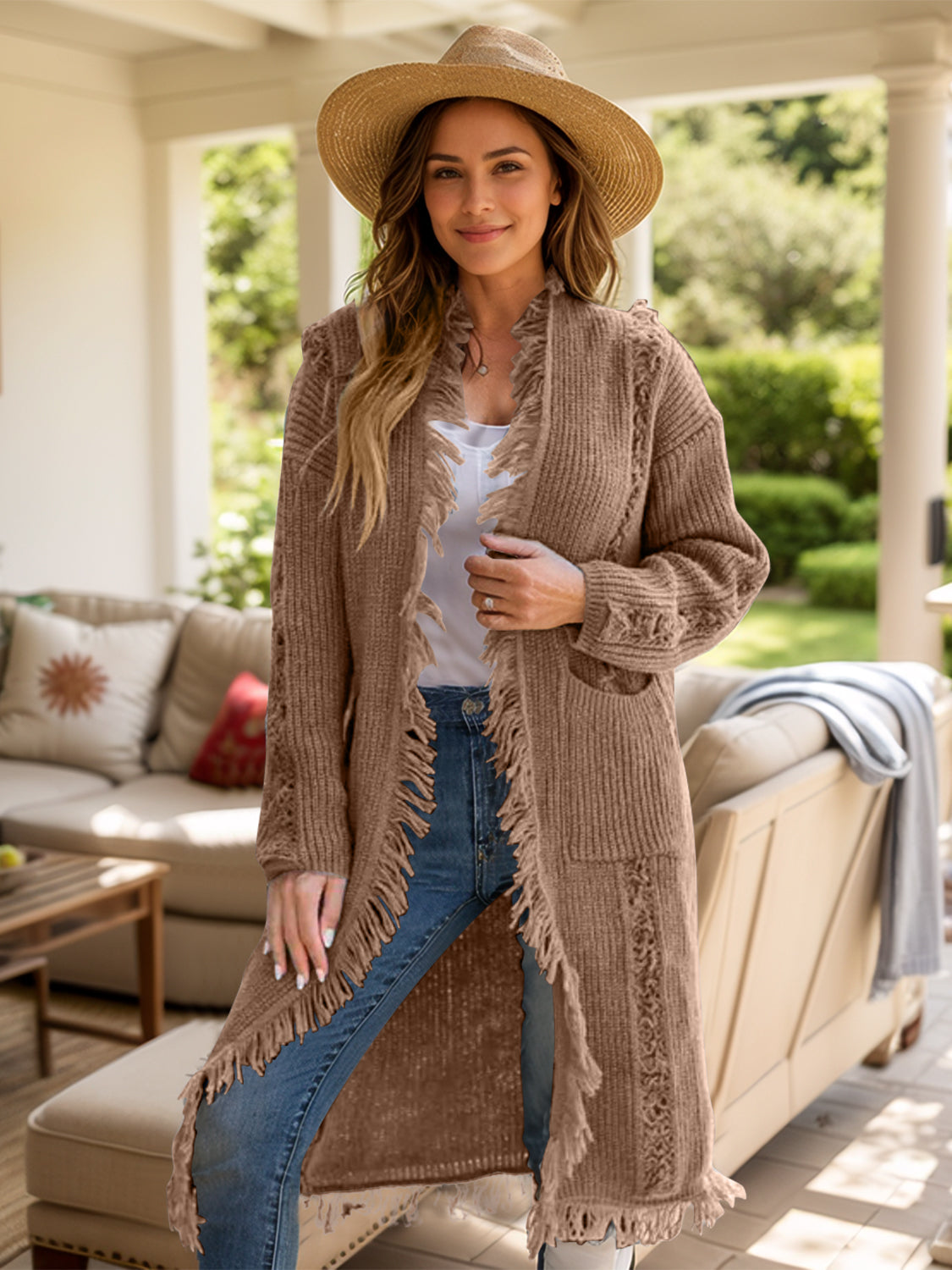 Textured fringe maxi cardigan in camel with open front and pockets.