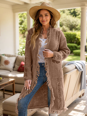 Textured fringe maxi cardigan in camel with open front and pockets.