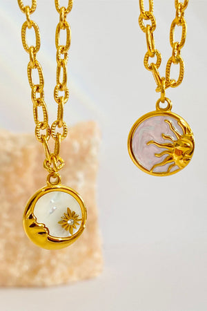 Celestial charm necklace with sun and moon pendants, 18K gold-plated chain