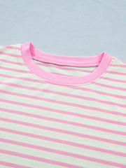 Striped cotton blouse with pink crew neck and trim