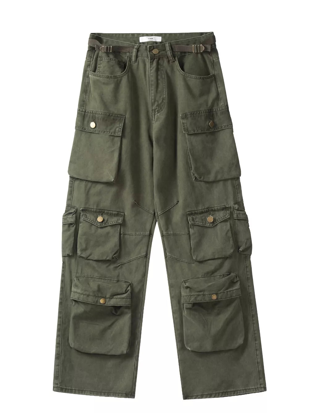 Dark green cargo pants with a versatile multi-pocket design and buttoned flaps.