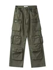 Dark green cargo pants with a versatile multi-pocket design and buttoned flaps.