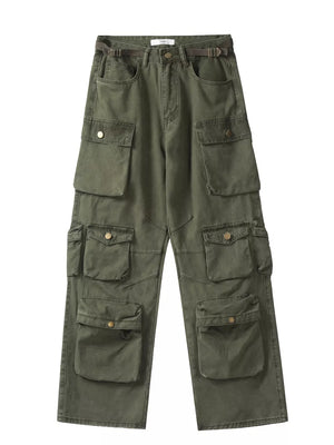 Dark green cargo pants with a versatile multi-pocket design and buttoned flaps.