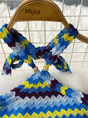 Chevron knit halter crop top with blue, yellow, and purple zig-zag pattern and wooden beads.