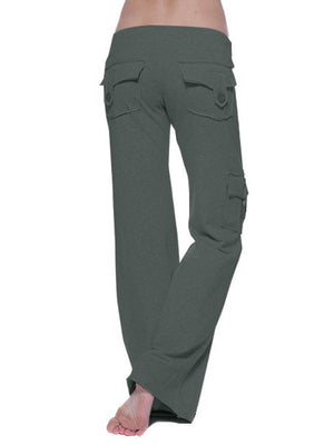 Heather Gray cargo-inspired wide-leg drawstring trousers with button-flap back pockets.