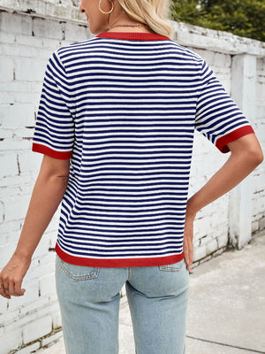 Nautical striped knit tee with red trim and short sleeves.