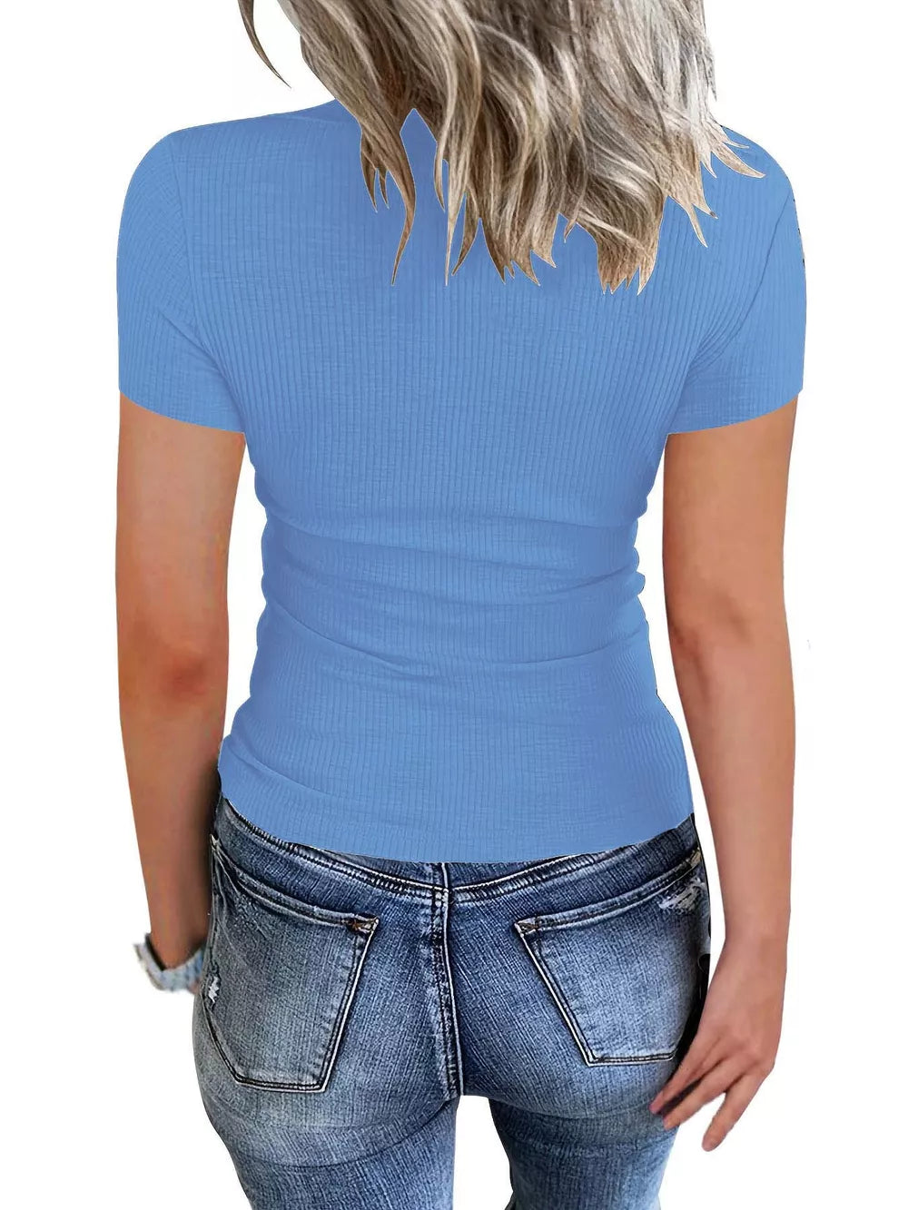 Ribbed Knit T-shirt With Button Detail in Black, model styling view