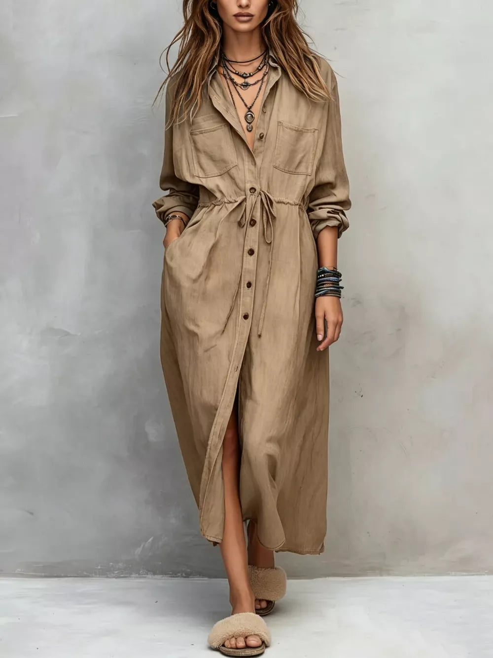 Full Size Button Front Long Sleeve Shirt Dress Plus Size in Apricot, editorial view