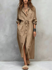 Full Size Button Front Long Sleeve Shirt Dress Plus Size in Apricot, editorial view