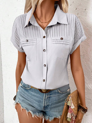 Light Gray pleated yoke button-down shirt with short sleeves and chest pockets.