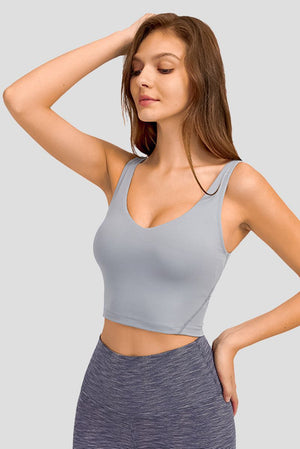 Gray sculpted scoop neck crop top activewear with a fitted cut.