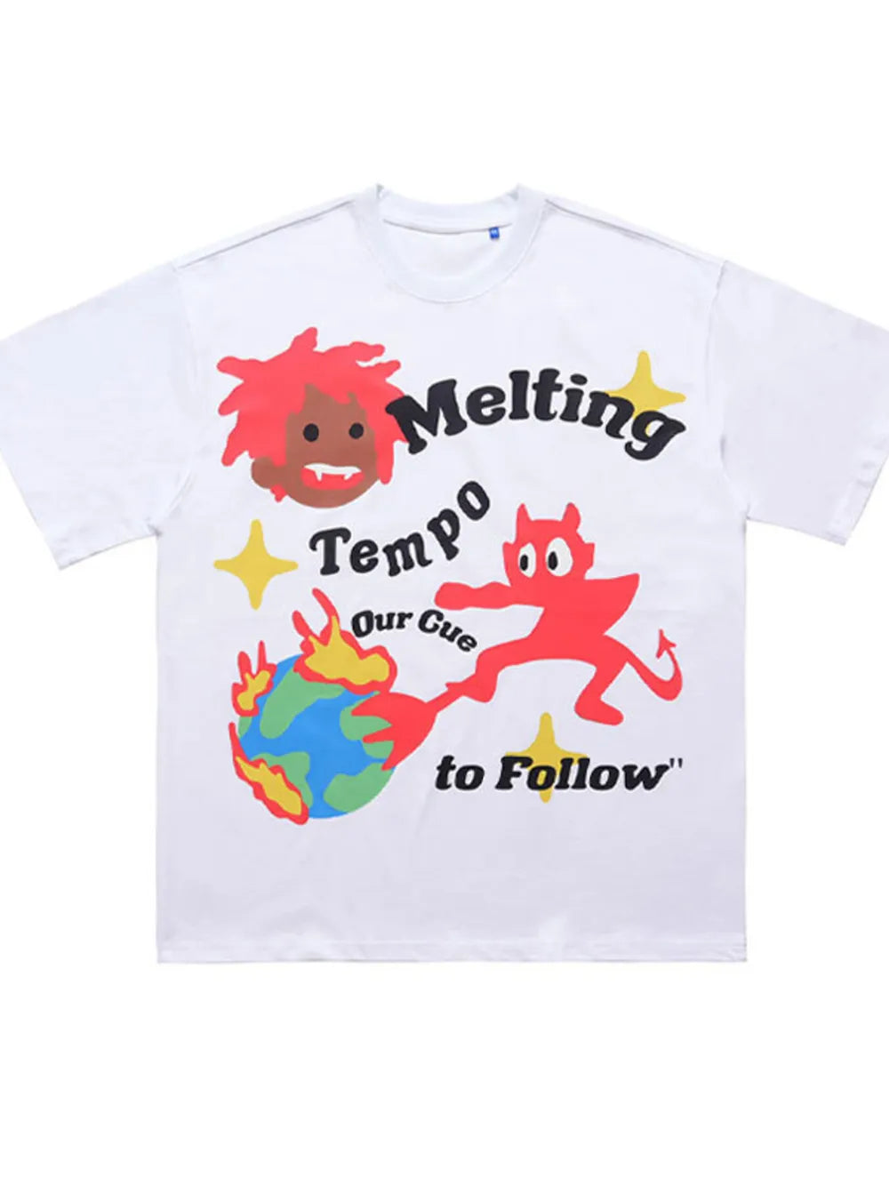 White cotton oversized t-shirt with bold graphic print of melting earth and devil.