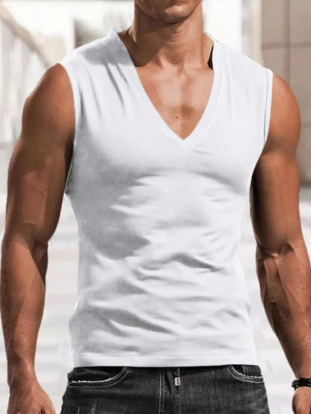 White V-neck muscle tank top with a sculpted fit.