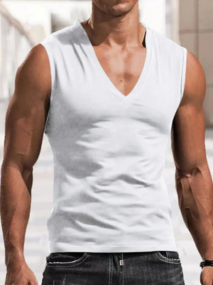 White V-neck muscle tank top with a sculpted fit.