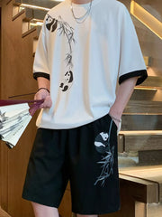 Men's Full Size Panda Bamboo Print Tee And Shorts Set in White, front view