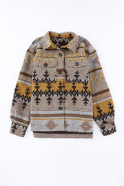 GeoChic collar jacket in camel with geometric pattern and chest pockets