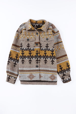GeoChic collar jacket in camel with geometric pattern and chest pockets