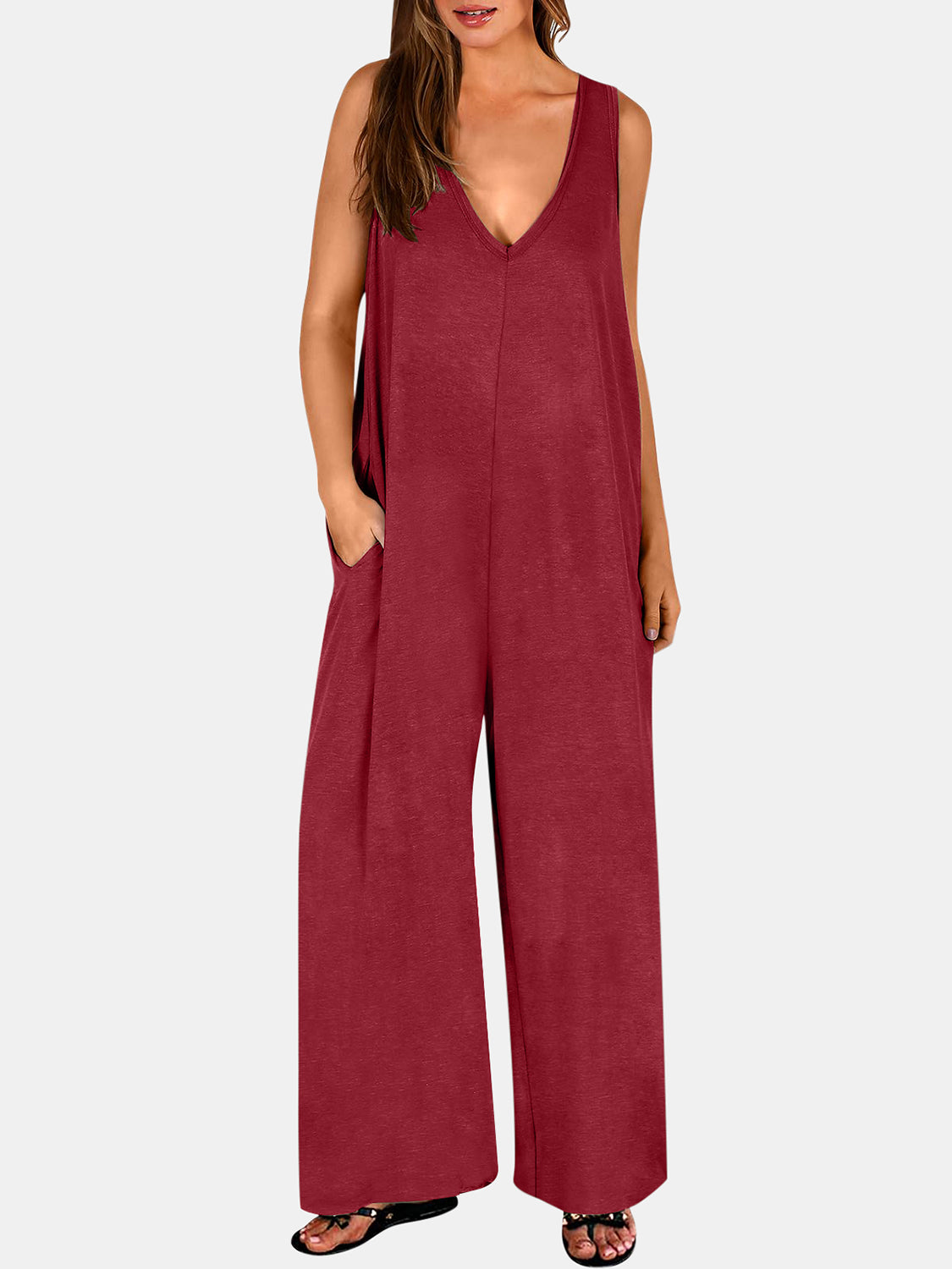 Burgundy V-neck sleeveless jumpsuit with wide palazzo legs and pockets