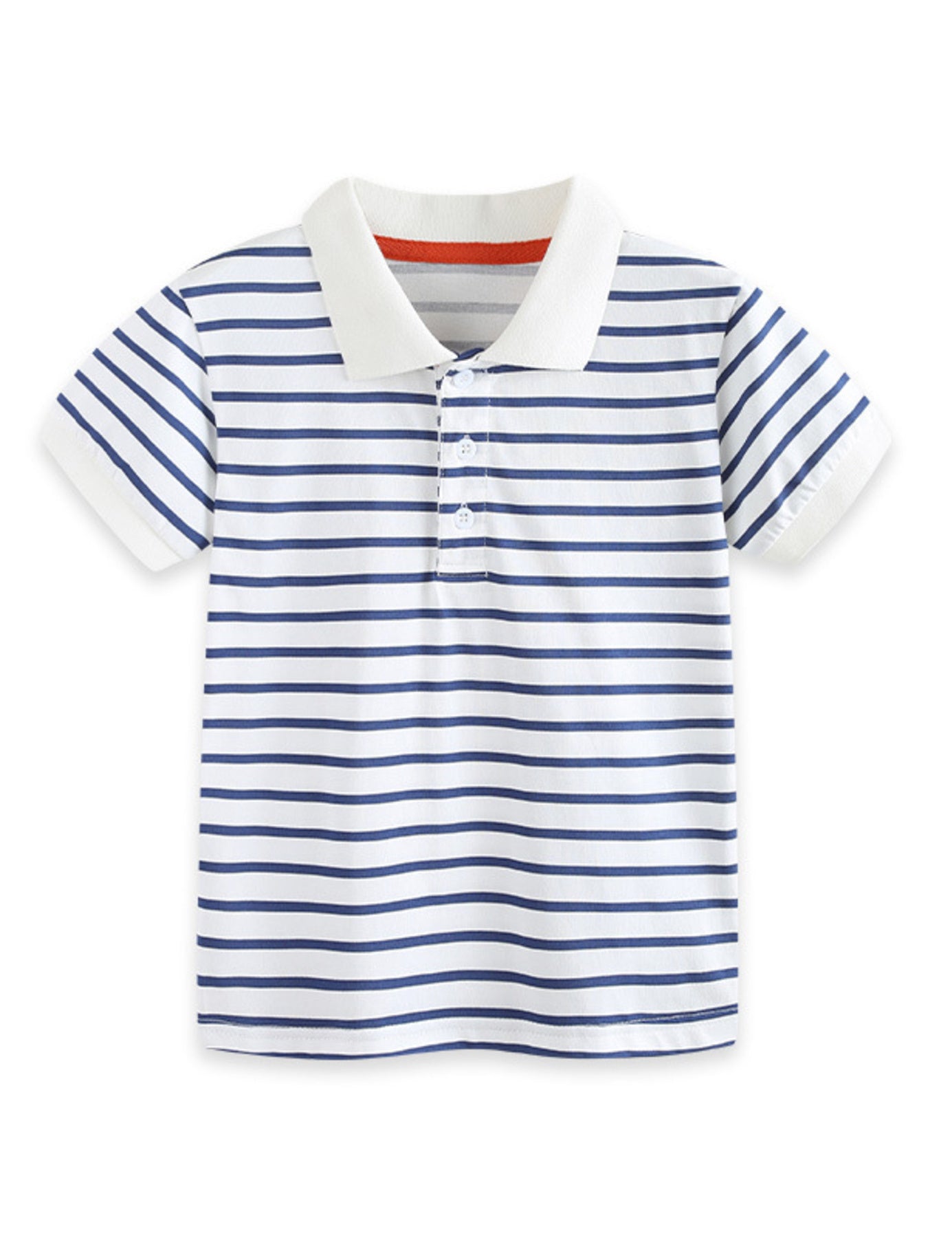Baby & children's striped polo shirt in white with blue stripes, cotton, short sleeves, and a red accent inside the collar.