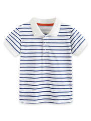 Baby & children's striped polo shirt in white with blue stripes, cotton, short sleeves, and a red accent inside the collar.