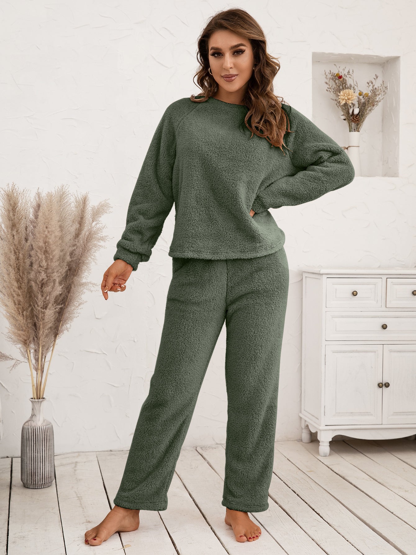 Plush raglan sleeve lounge set in Matcha Green, soft fuzzy loungewear with crew neck top and relaxed fit pants.